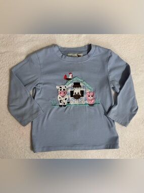 Light Blue Long-Sleeve Kids Tee with Farm Animal Appliqués